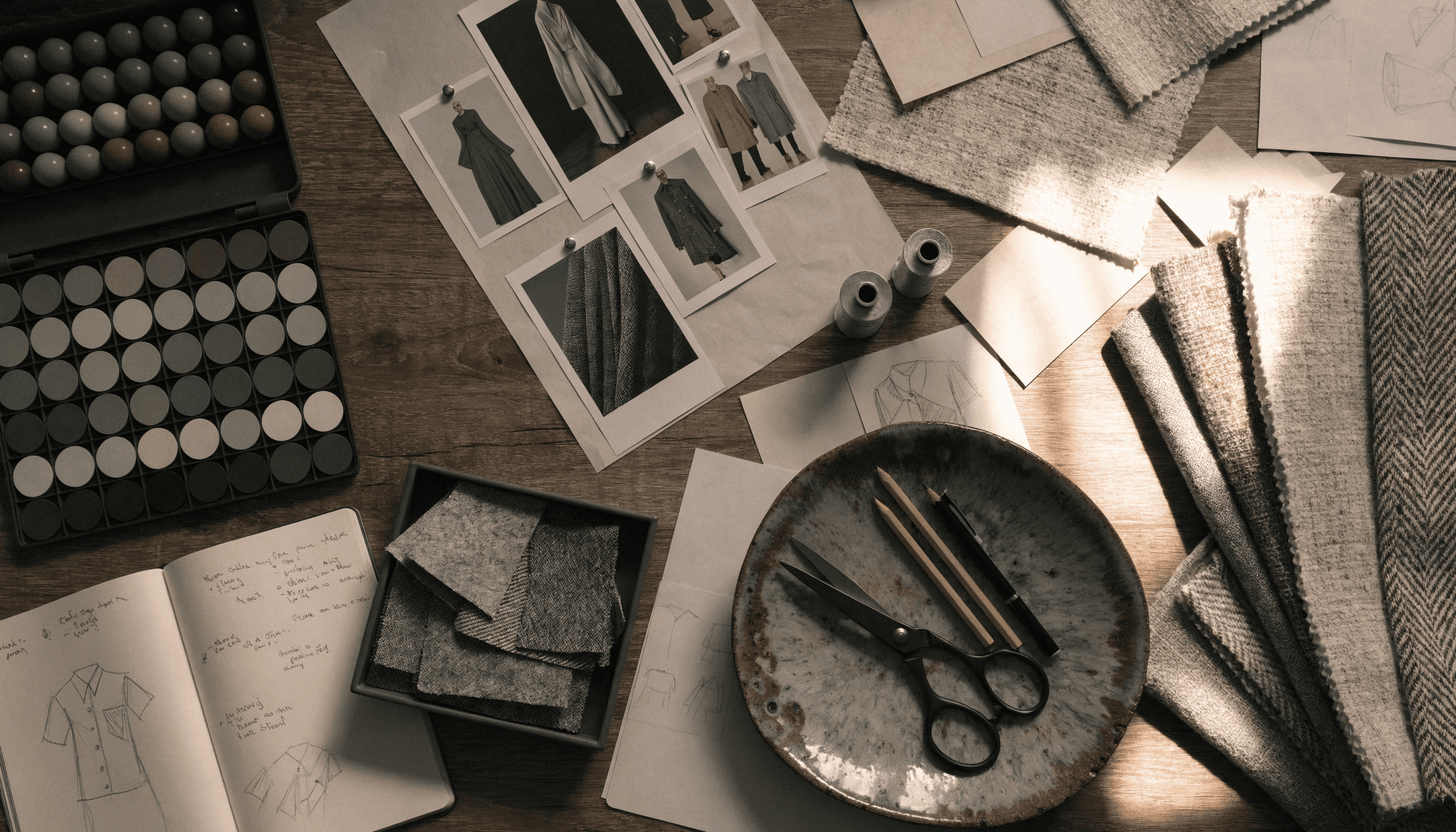 Style consultant's worktable with color palettes, fabric swatches, and sketches